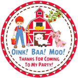 Farm boy barnyard birthday sticker with red barn and animals