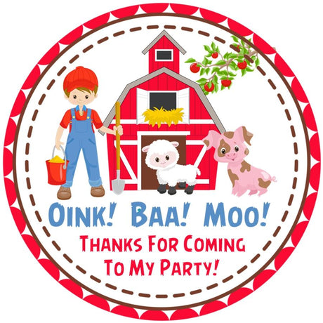 Farm boy barnyard birthday sticker with red barn and animals