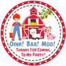 Farm boy barnyard birthday sticker with red barn and animals