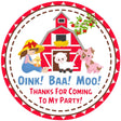 Farm girl barnyard birthday sticker with red barn and animals