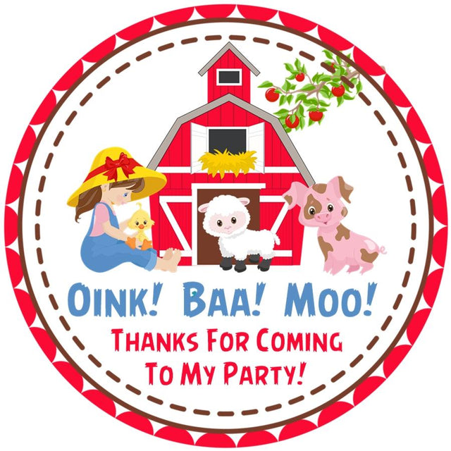 Farm girl barnyard birthday sticker with red barn and animals