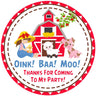 Farm girl barnyard birthday sticker with red barn and animals