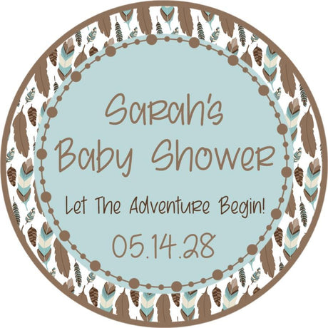 Feather tribal baby shower sticker with turquoise and brown design.