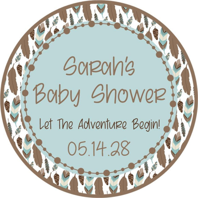 Feather tribal baby shower sticker with turquoise and brown design.