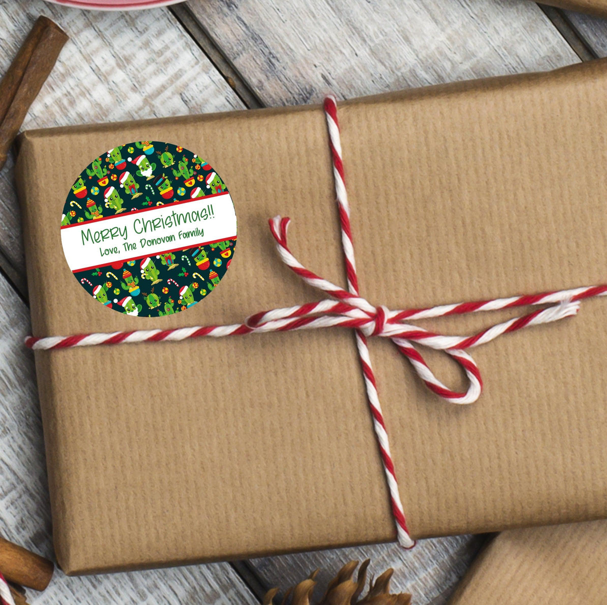 Personalized holiday cactus favor labels with repeating design