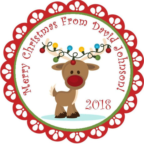 Festive reindeer holiday sticker personalized with name