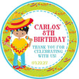 Fiesta birthday sticker with boy holding maracas