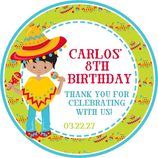 Fiesta birthday sticker with boy holding maracas