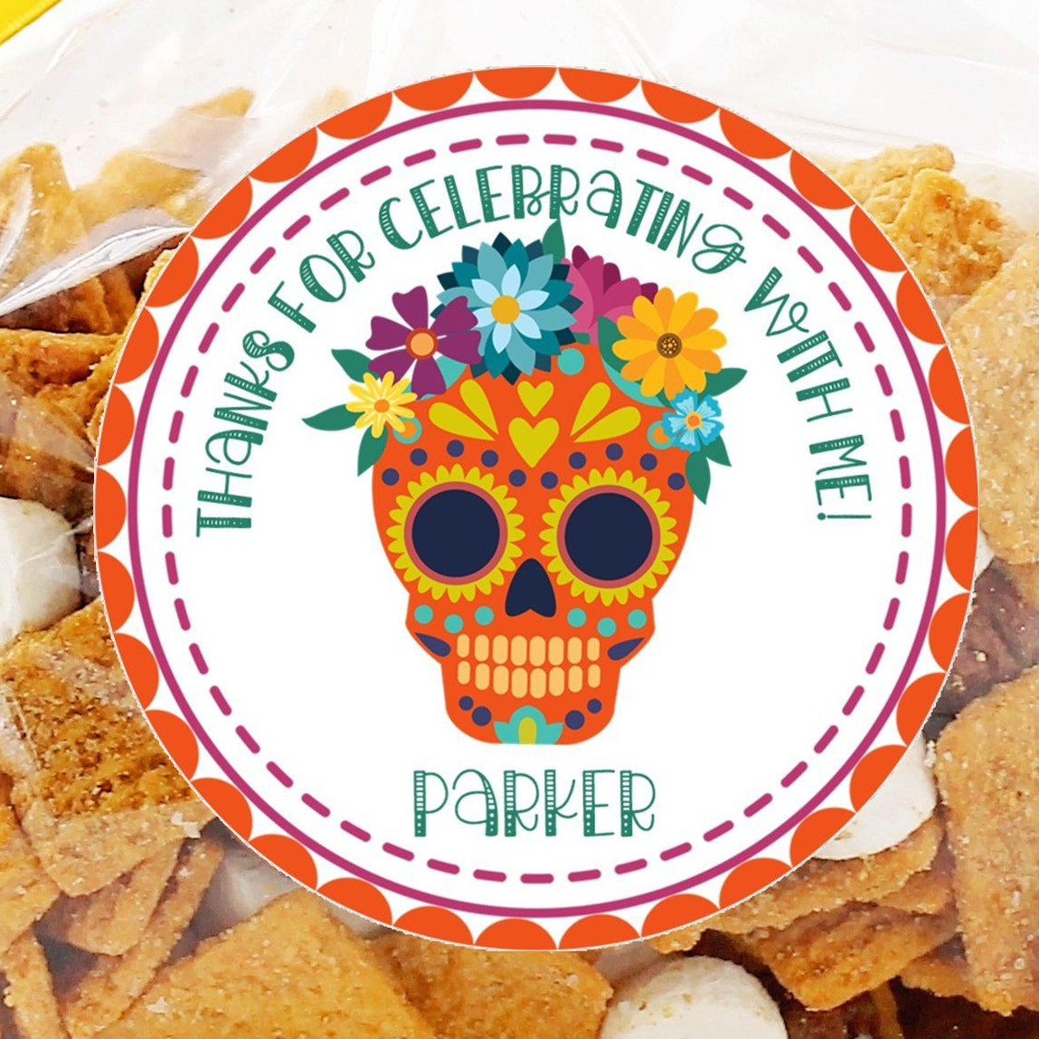 Fiesta themed colorful sugar skull favor label