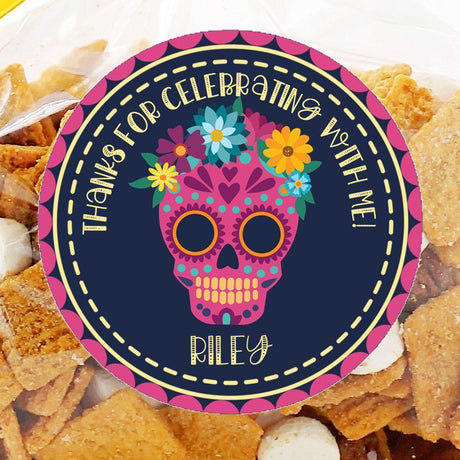 Fiesta themed pink sugar skull party favor label