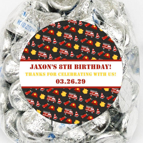 Firefighter birthday sticker with black pattern and firetruck icons