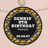 Flaming soccer birthday stickers with personalized name