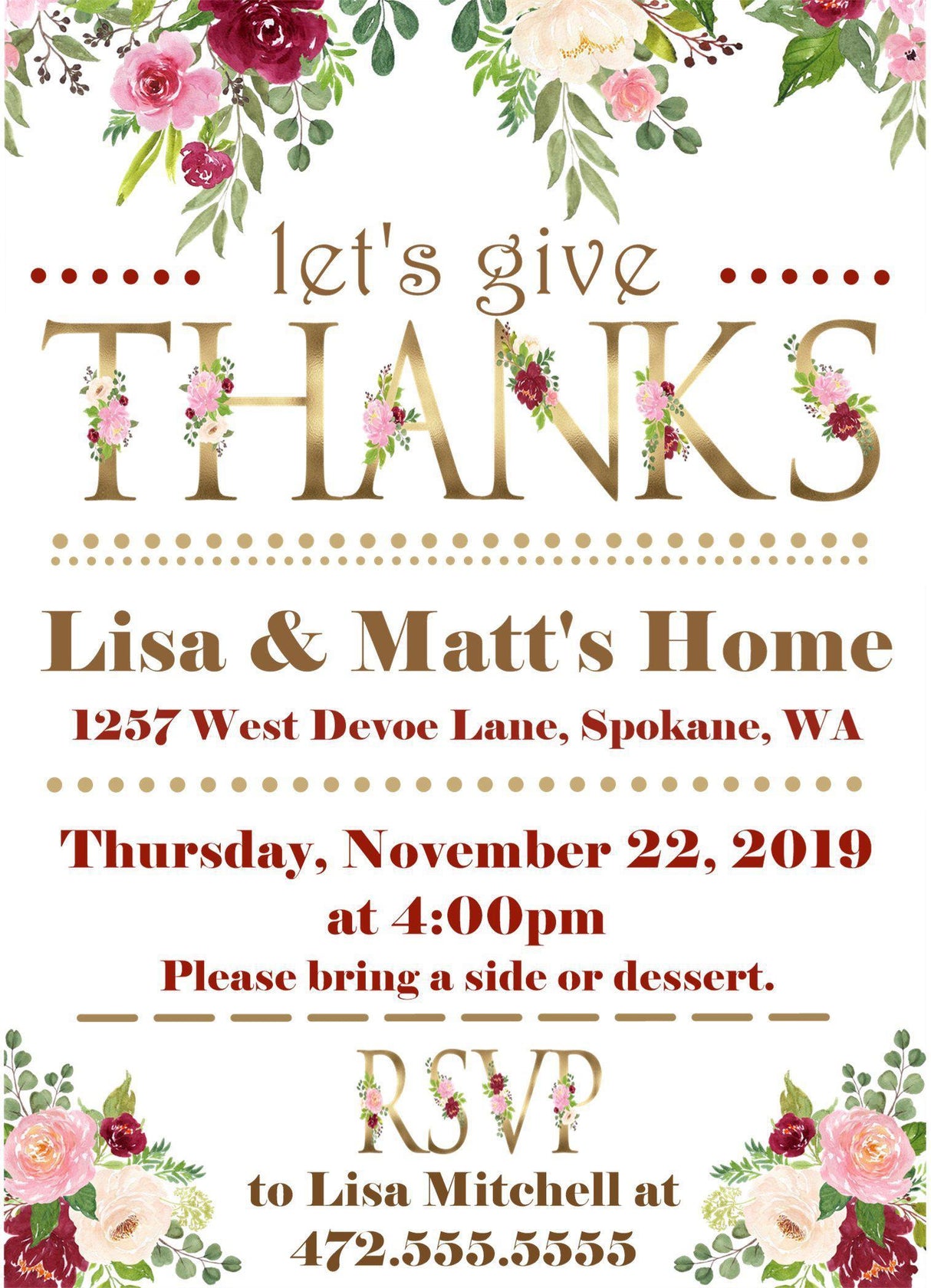 Floral Let’s Give Thanks Thanksgiving dinner invitation with gold lettering