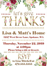 Floral Let’s Give Thanks Thanksgiving dinner invitation with gold lettering