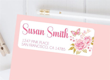Floral butterfly address labels with pink roses