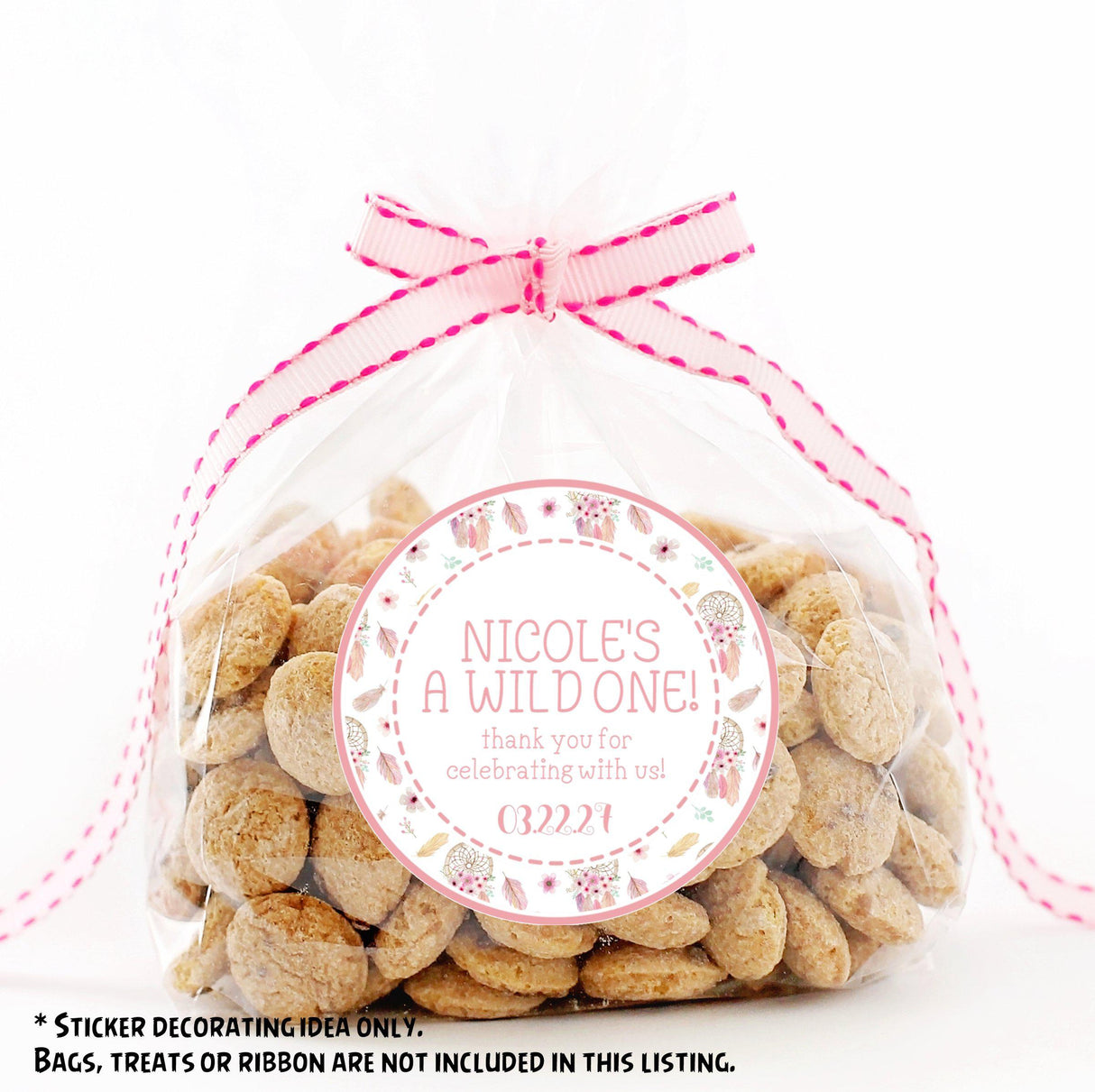 Floral feather party favor label in pastel colors