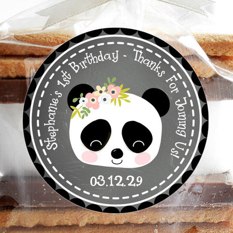 Floral panda party favor label on chalkboard background