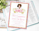Floral pink and gold first communion invitation