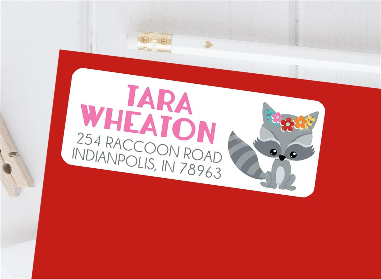 Floral woodland raccoon return address labels