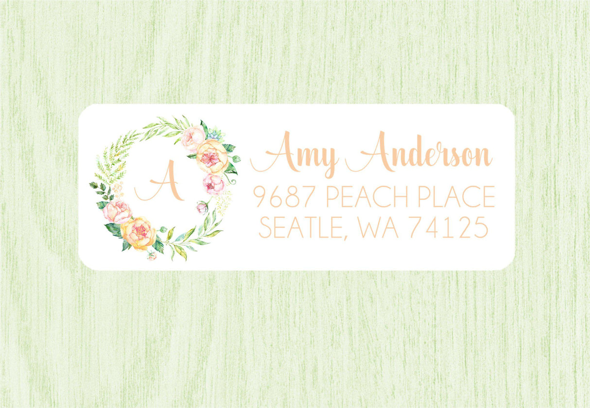 Floral wreath monogram return address labels