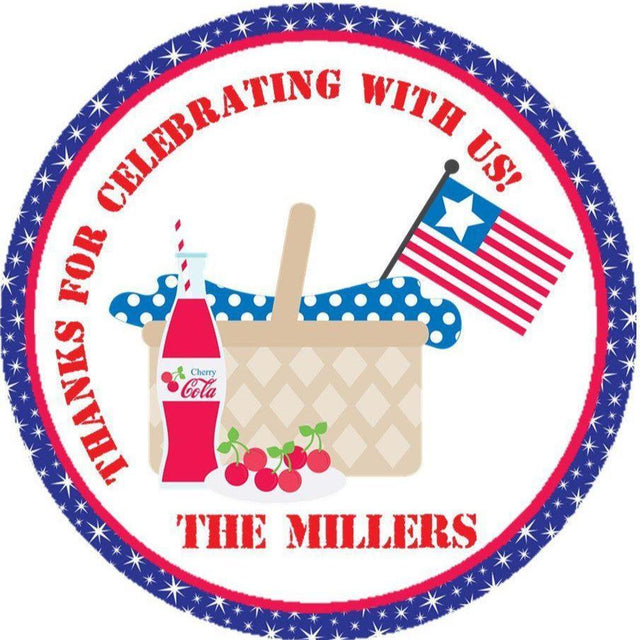 Fourth of July stickers with picnic basket and star border