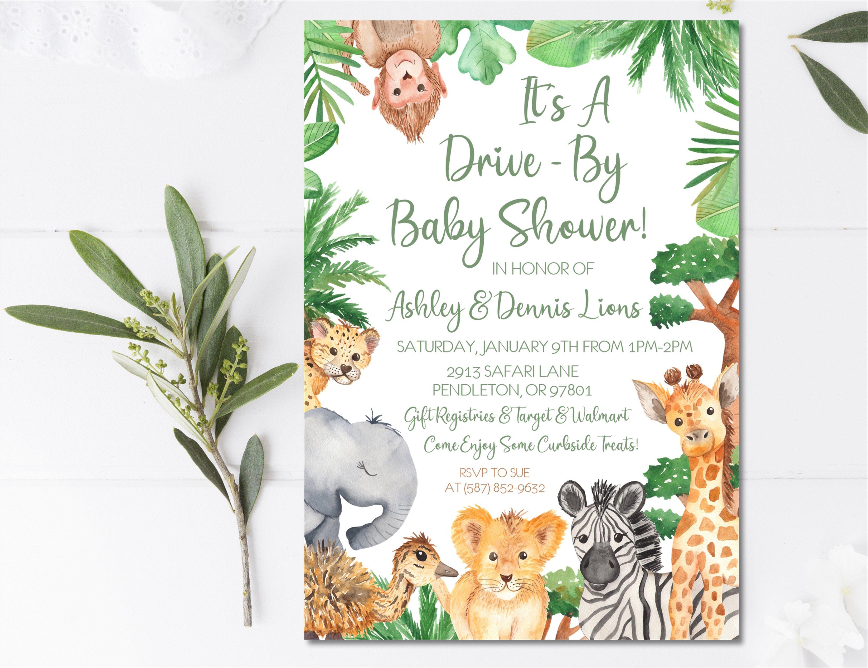 Gender Neutral Safari Animals Drive By Baby Shower Invitations