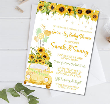 Gender Neutral Sunflower Drive By Baby Shower Invitations