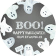 Ghost Halloween sticker with floating white ghosts on gray background