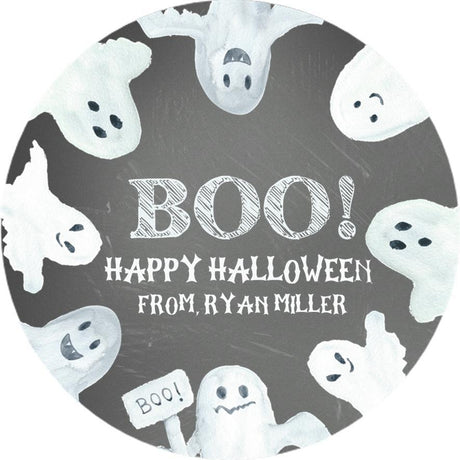 Ghost Halloween sticker with floating white ghosts on gray background