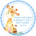 Giraffe baby shower sticker with blue border and watercolor design