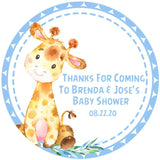 Giraffe baby shower sticker with blue border and watercolor design