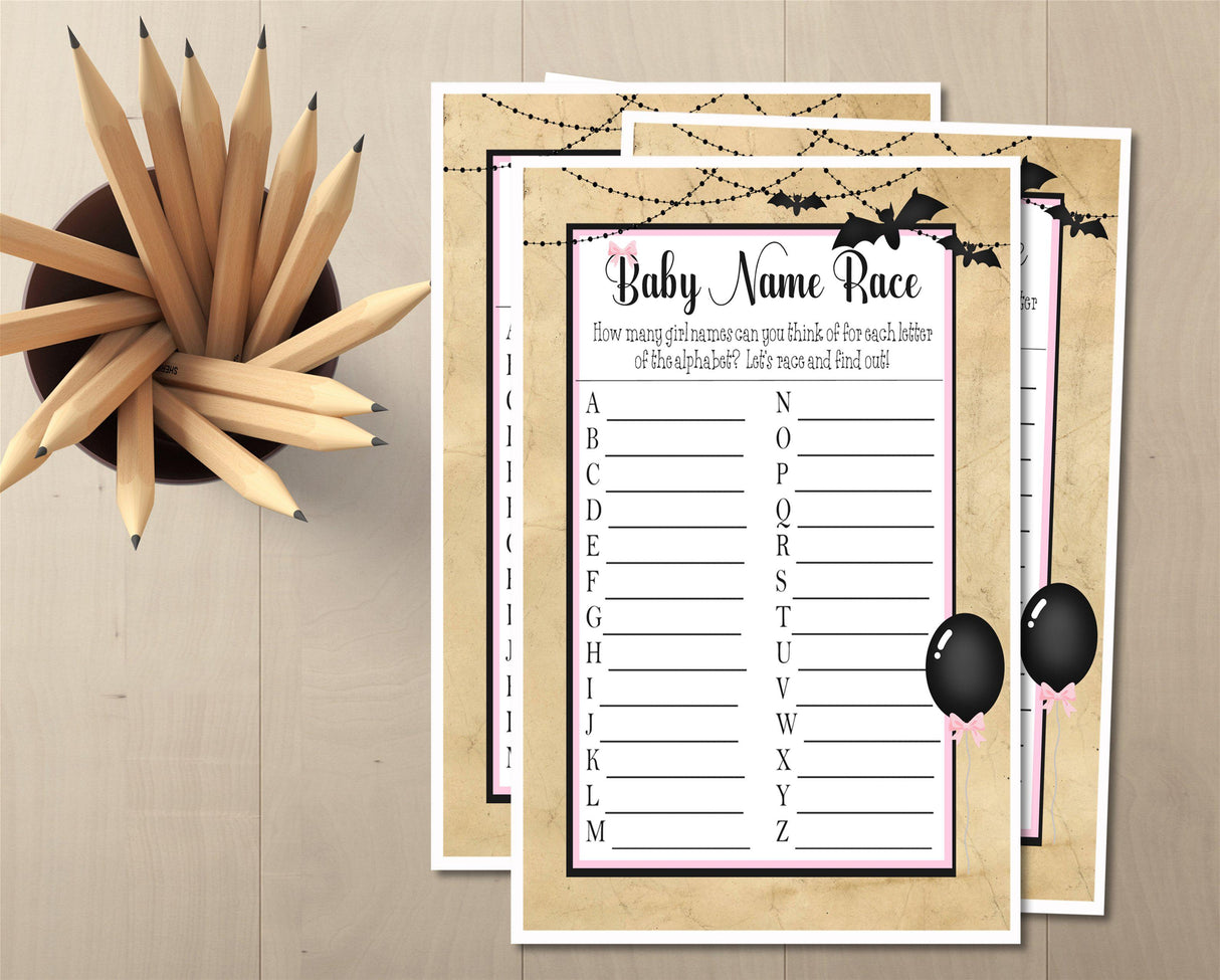 Girl baby shower name race Halloween theme