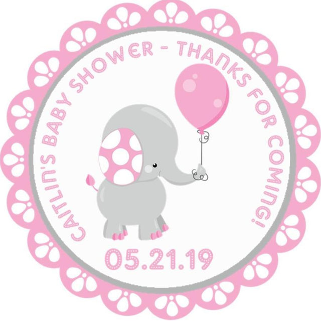 Girl baby shower stickers – pink elephant with balloon