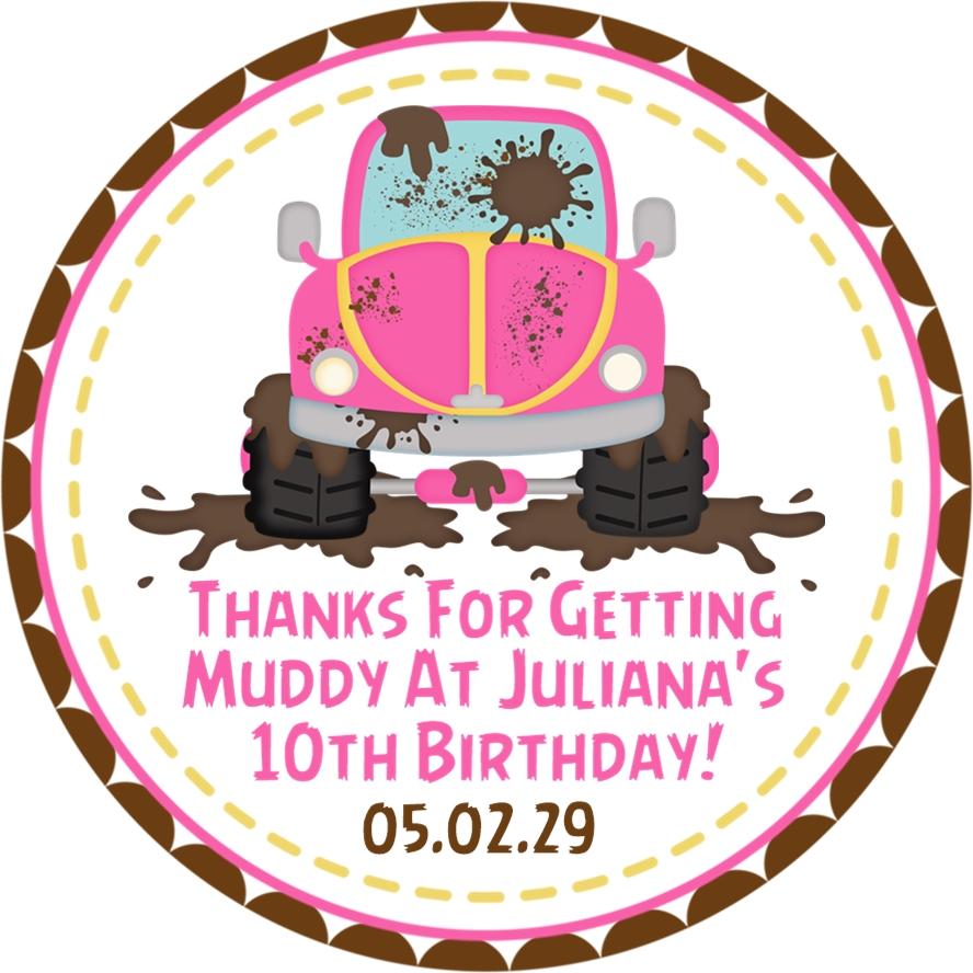 Girl off-road party favor label in pink and brown