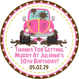 Girl off-road party favor label in pink and brown