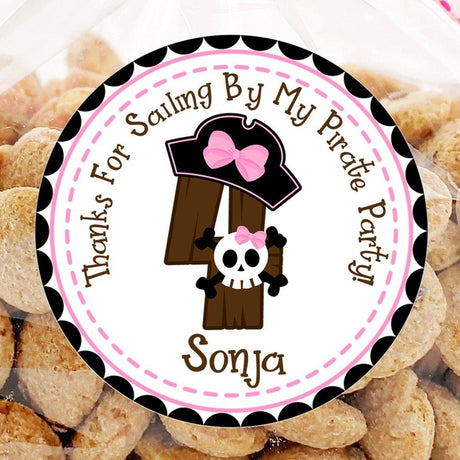 Girl pirate party favor label with wooden number design