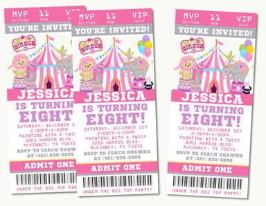 Girls Circus Birthday Party Ticket Invitations
