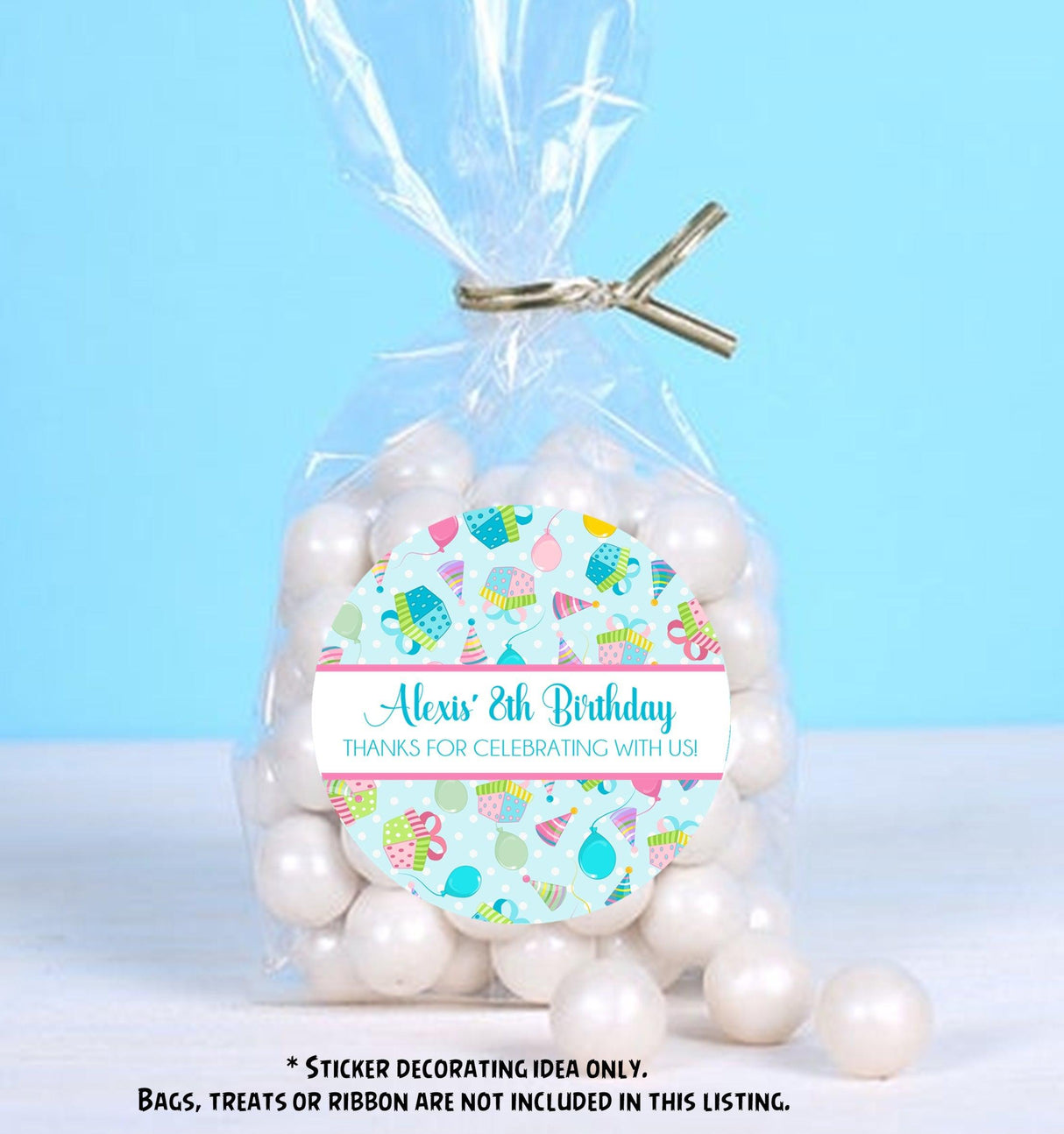 Round birthday stickers for treat bags with gifts and party hats