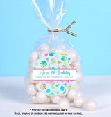 Round birthday stickers for treat bags with gifts and party hats
