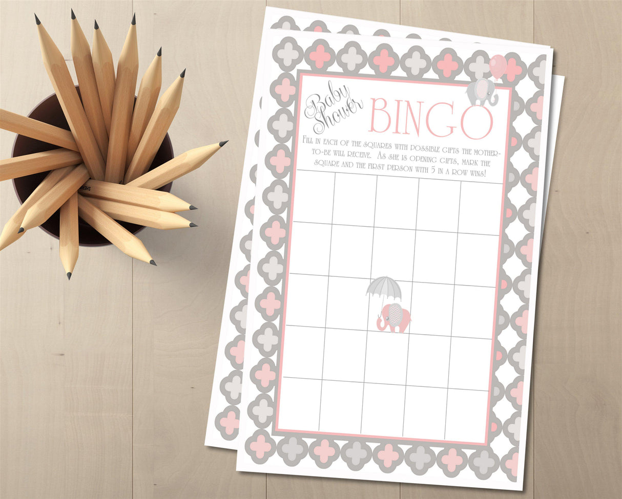 Girls Elephant Baby Shower Bingo Cards