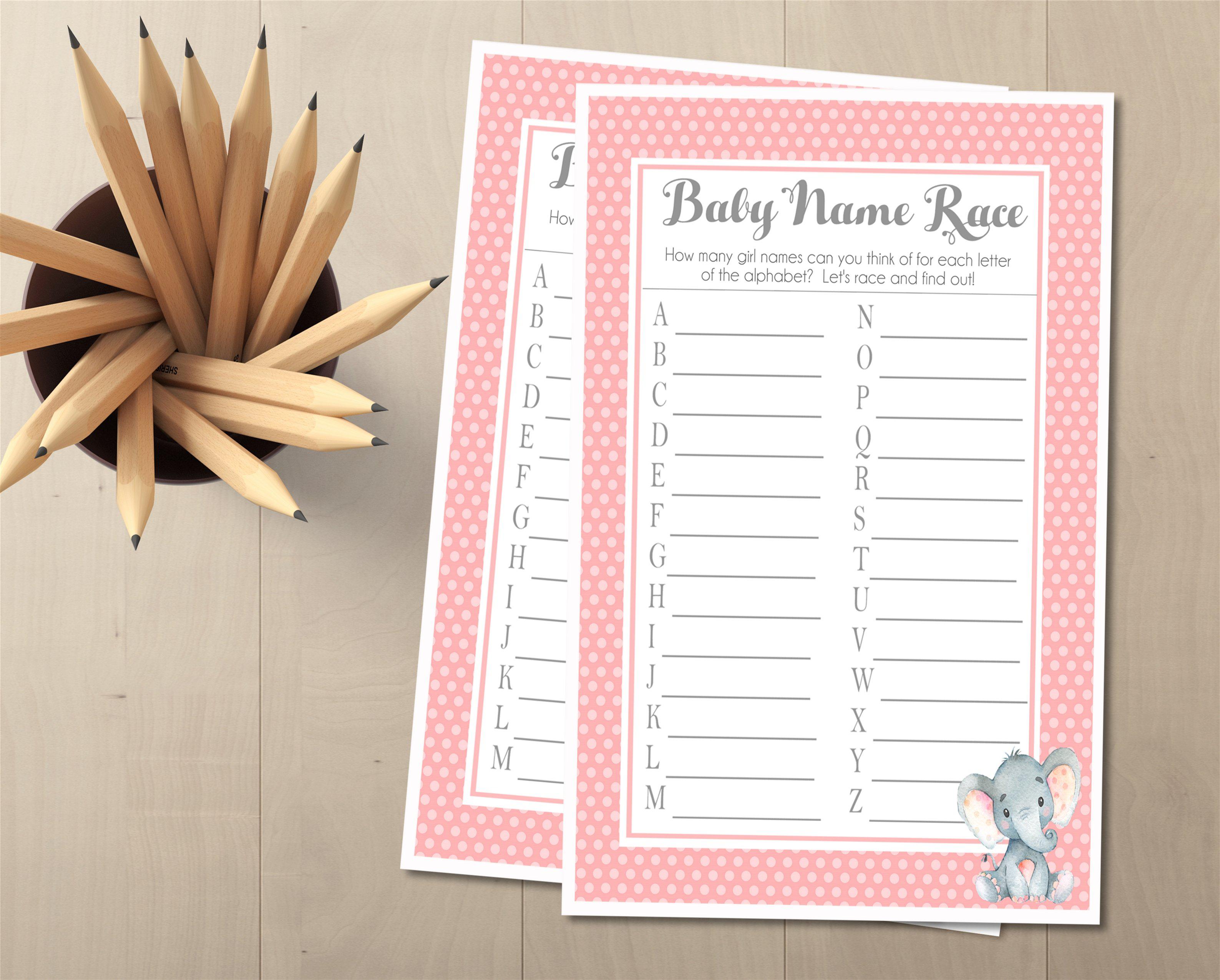 Girls Elephant Baby Shower Name Race Game Cards