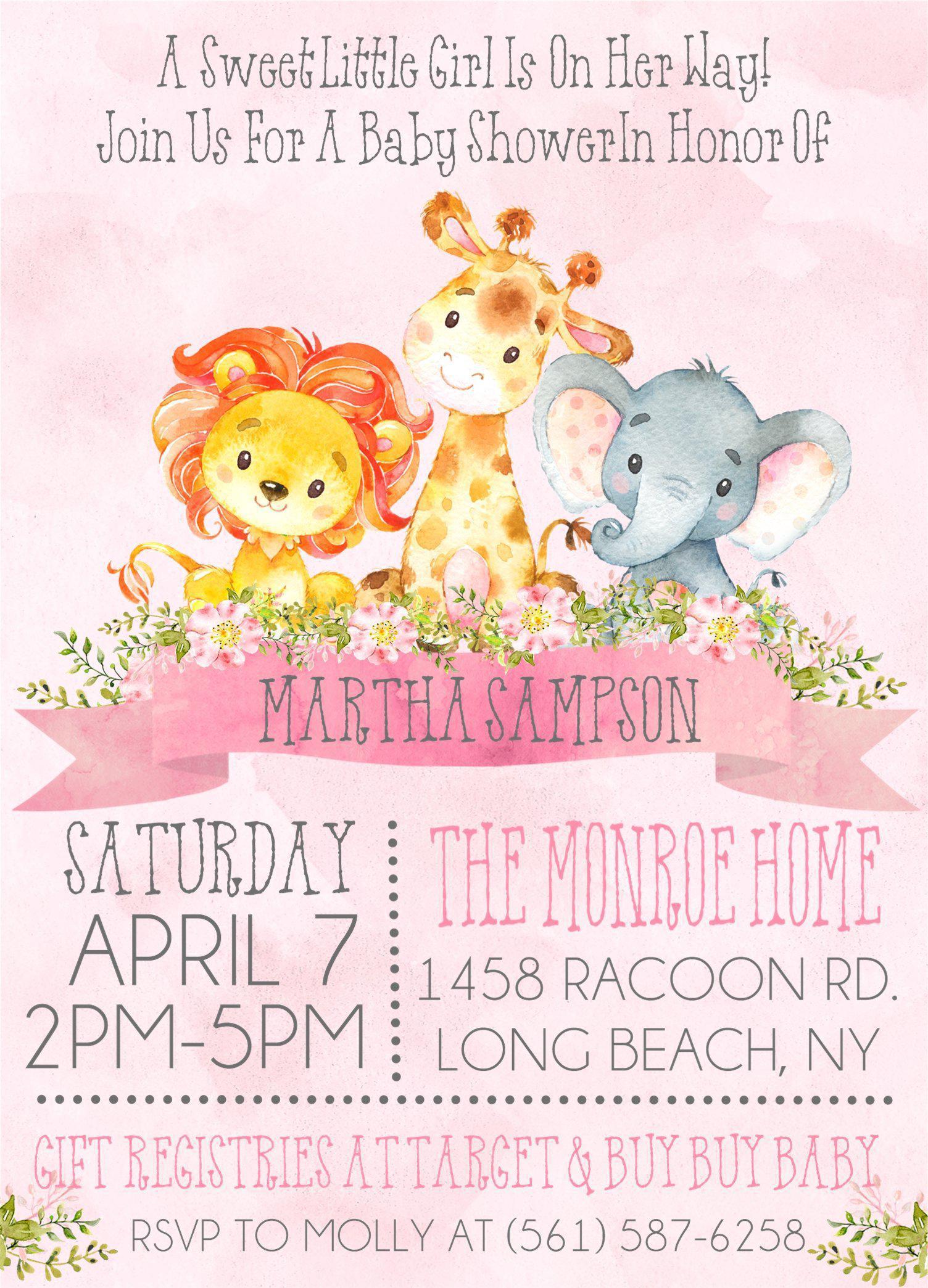 Themed Baby Zoo Baby Shower Invitations Baby Girl Safari Theme Girls Jungle  Safari Animals Baby Shower, image size:1504x2089