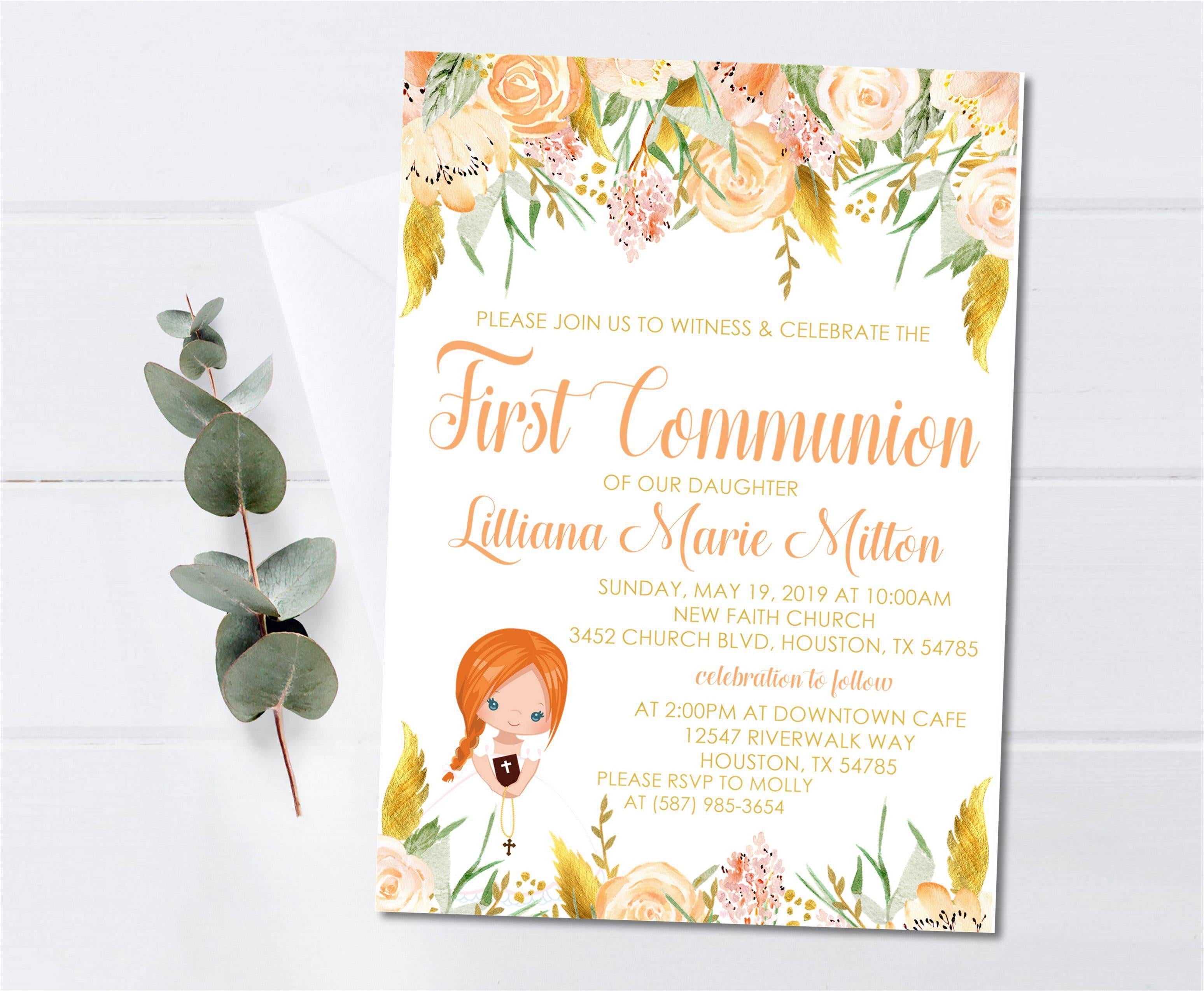 Girls Peach And Gold First Communion Invitations
