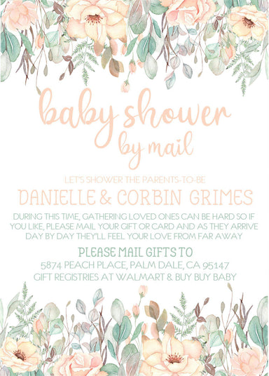 Girls Peach And Sage Floral Baby Shower By Mail Invitations