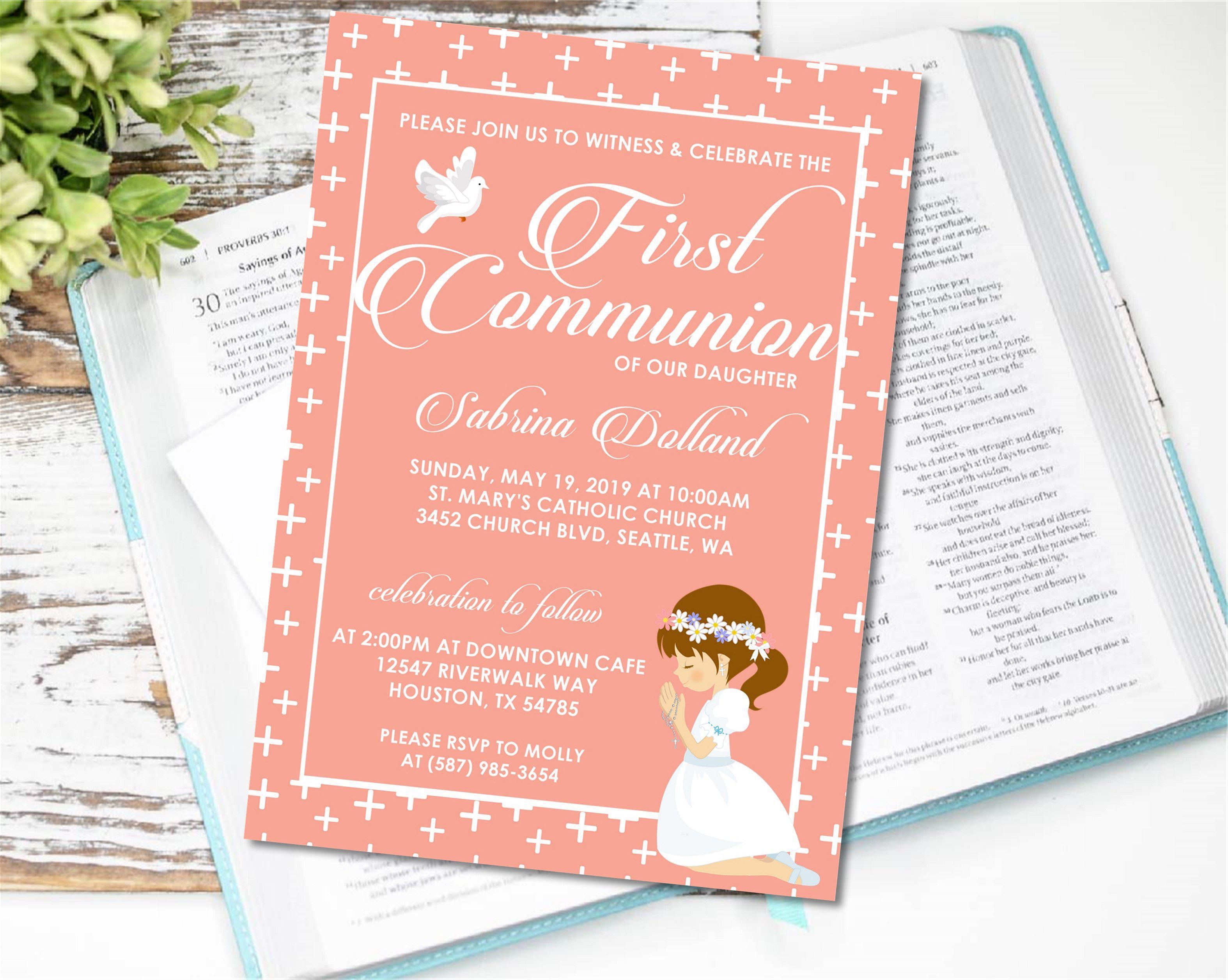 Girls Peach And White First Communion Invitations