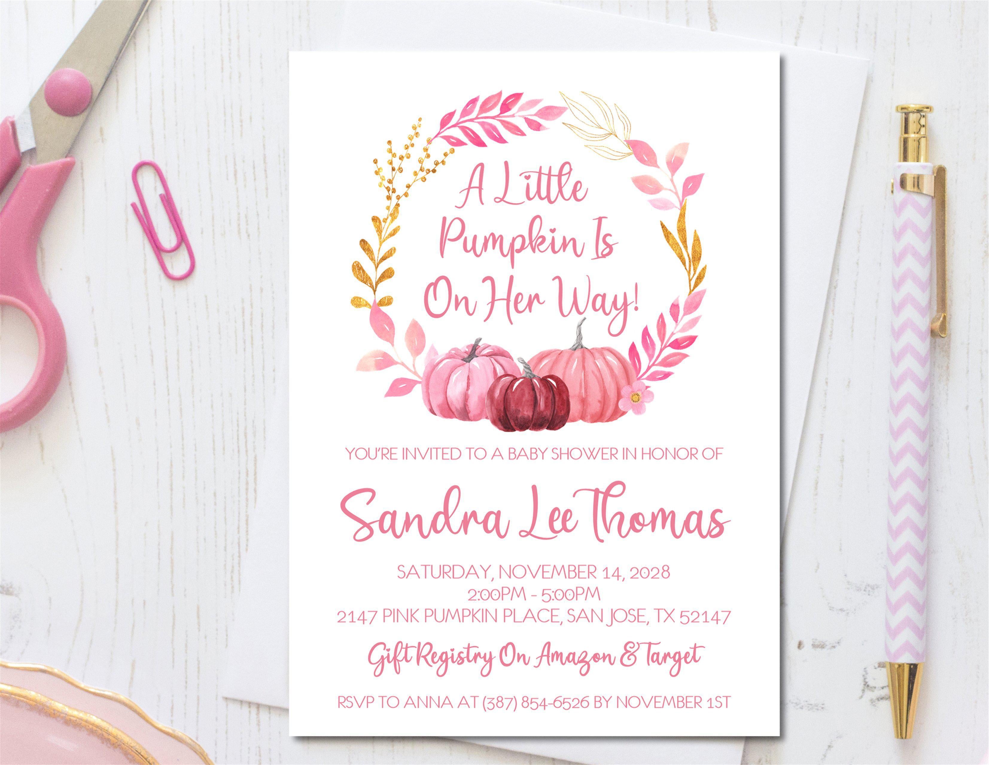 Girls Pink Pumpkin Fall Baby Shower Invitations