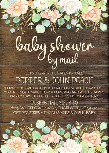 Girls Rustic Peach Floral Baby Shower By Mail Invitations