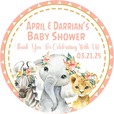 Girls Safari Animals Baby Shower Stickers Or Favor Tags