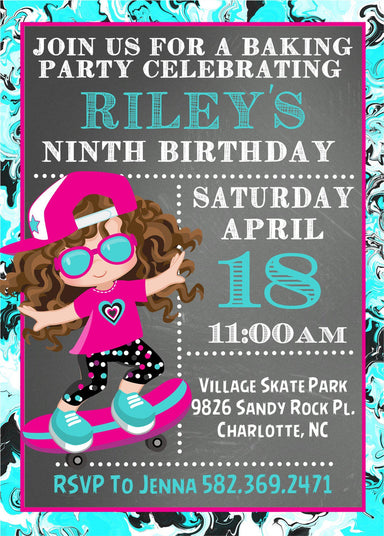 Girls Skateboard Birthday Party Invitations