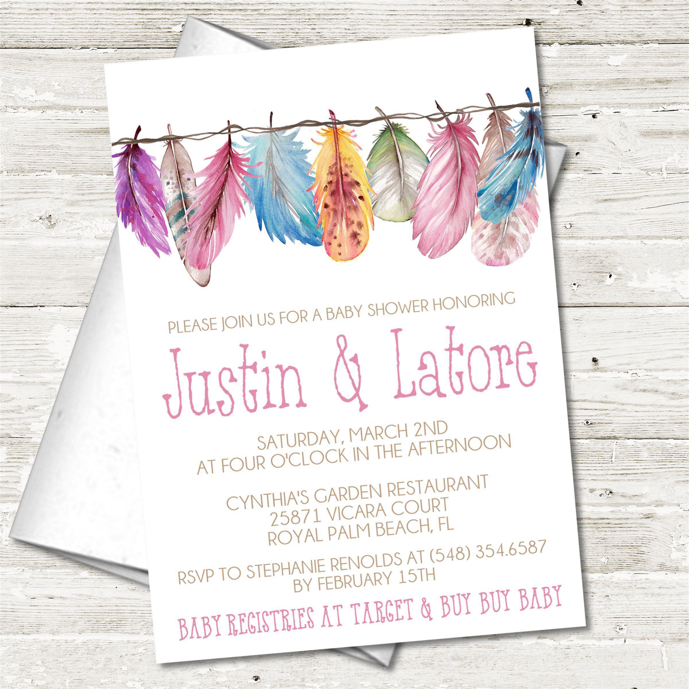 Girls Tribal Feather Baby Shower Invitations